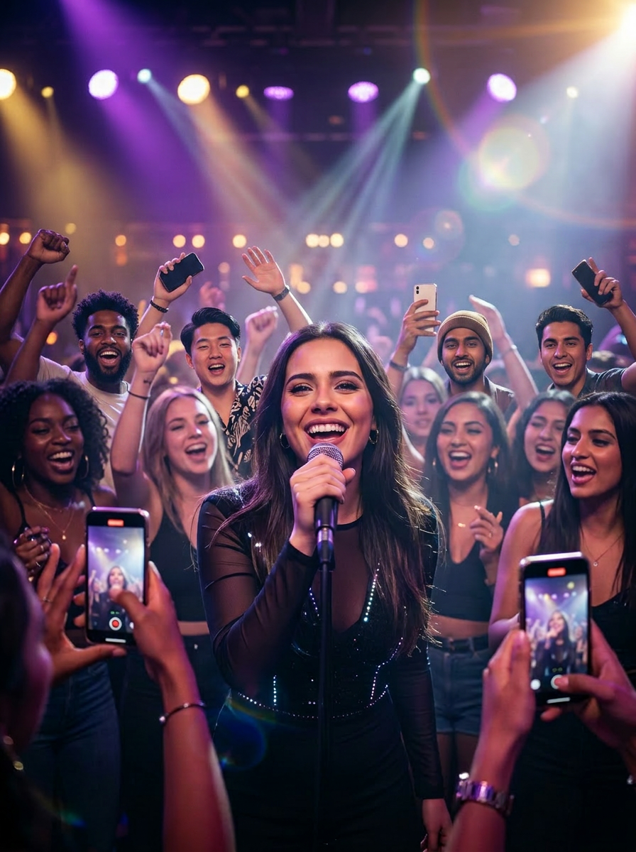 Female artist performing into a microphone surrounded by a hyped circle of peers